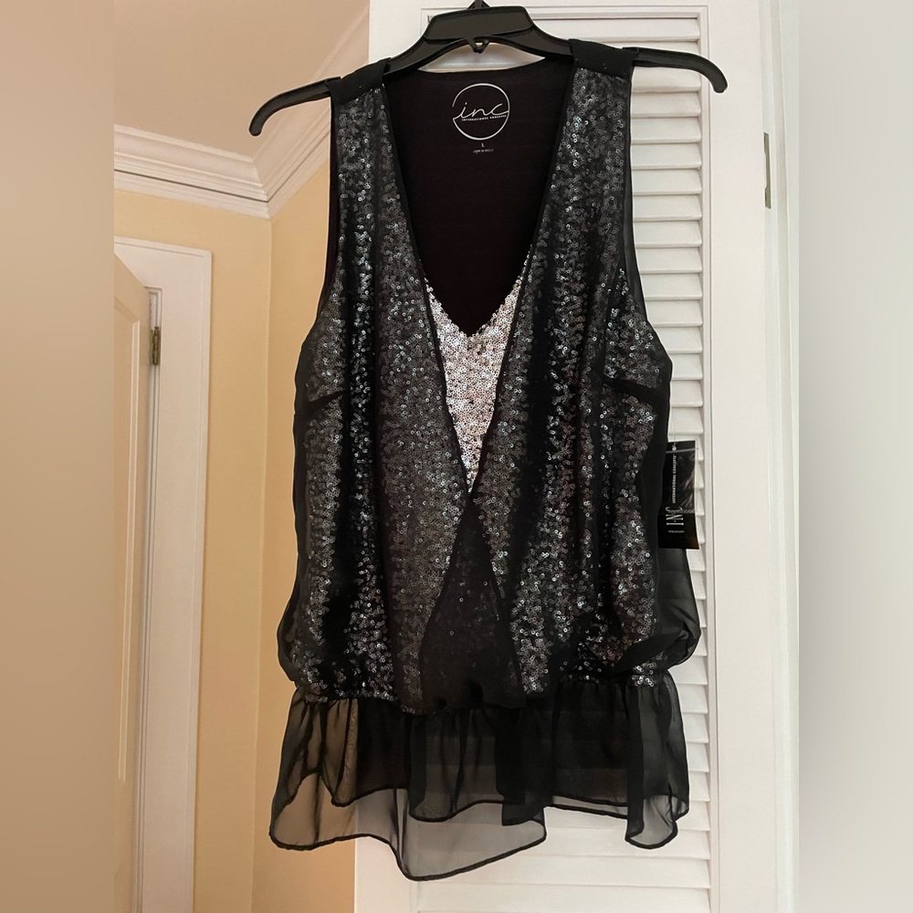 INC International Concepts Black Sequin Ruffled Tank Top